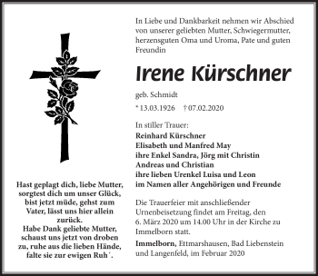 Traueranzeige von Irene Kürschner von Südthüringer Presse