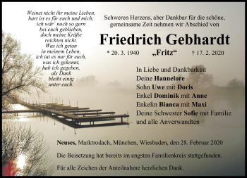 Traueranzeige von Friedrich Gebhardt von Neue Presse Coburg