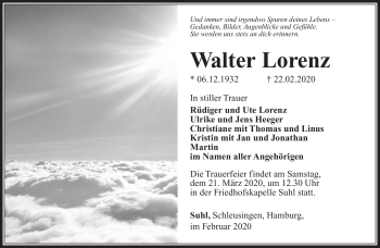 Traueranzeige von Lorenz Walter von Südthüringer Presse
