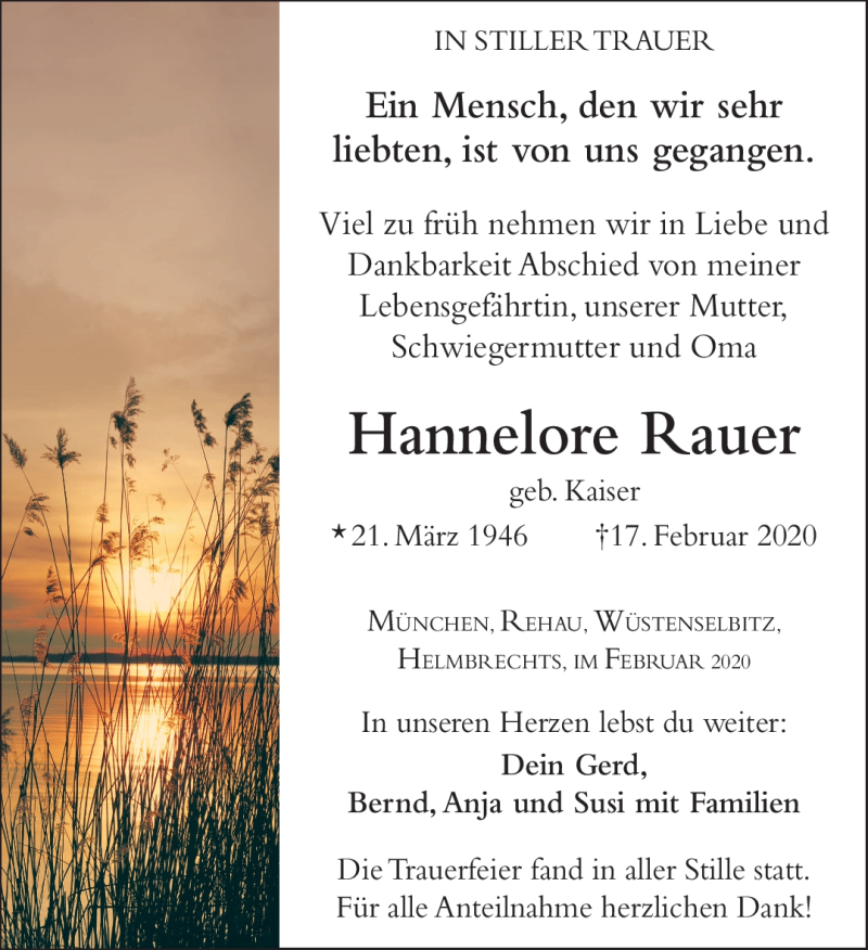  Traueranzeige für Hannelore Rauer vom 26.02.2020 aus Frankenpost
