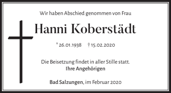 Traueranzeige von Hanni Koberstädt von Südthüringer Presse