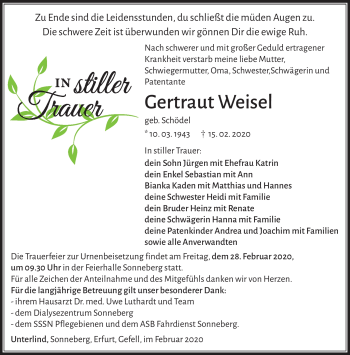 Traueranzeige von Gertraut Weisel von Südthüringer Presse