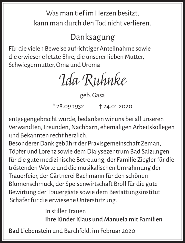  Traueranzeige für Ida Ruhnke vom 22.02.2020 aus Südthüringer Presse