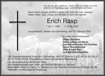 Traueranzeige von Erich Rasp von Frankenpost
