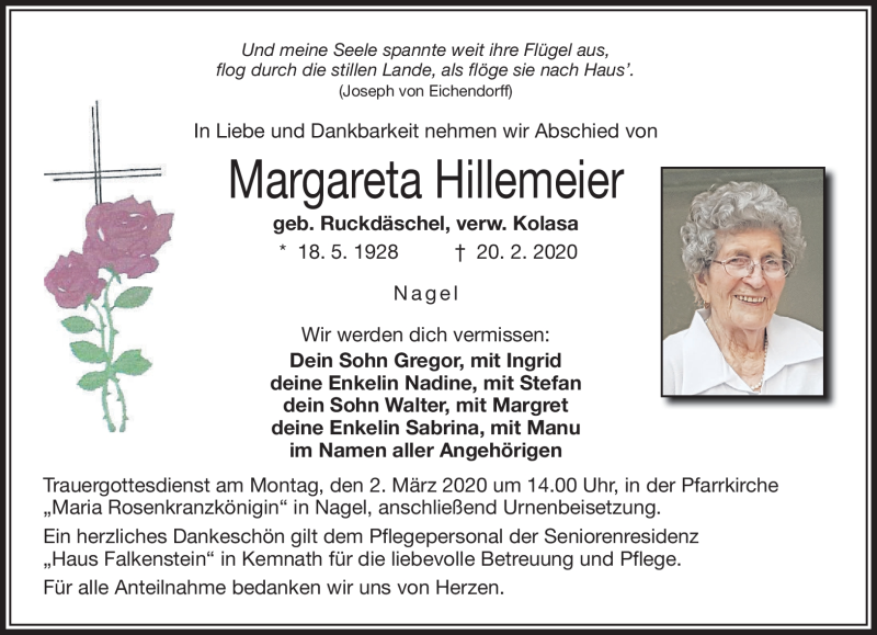  Traueranzeige für Margareta Hillmeier vom 29.02.2020 aus Frankenpost