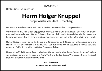 Traueranzeige von Holger Knüppel von Frankenpost