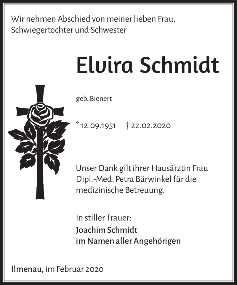  Traueranzeige für Elvira Schmidt vom 29.02.2020 aus Südthüringer Presse