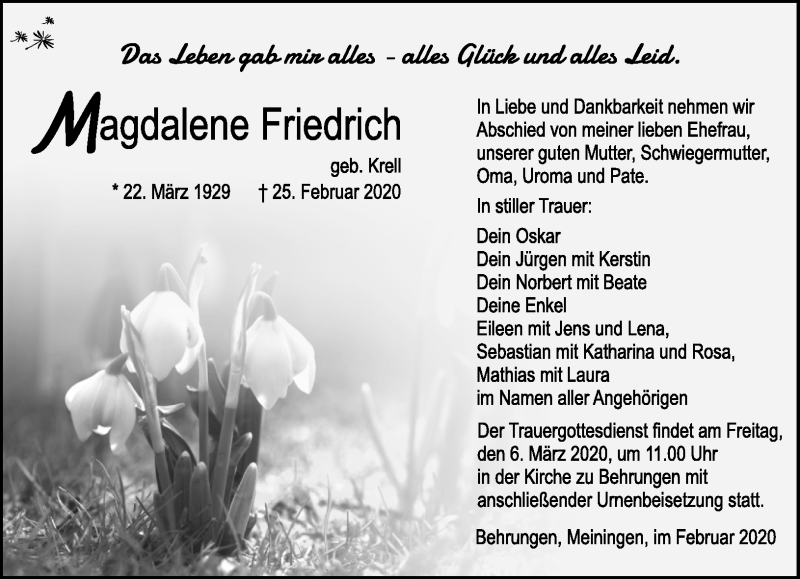  Traueranzeige für Magdalene Friedrich vom 29.02.2020 aus Südthüringer Presse