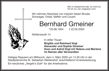 Traueranzeige von Bernhard Gmeiner von Frankenpost