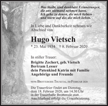 Traueranzeige von Hugo Vietsch von Südthüringer Presse