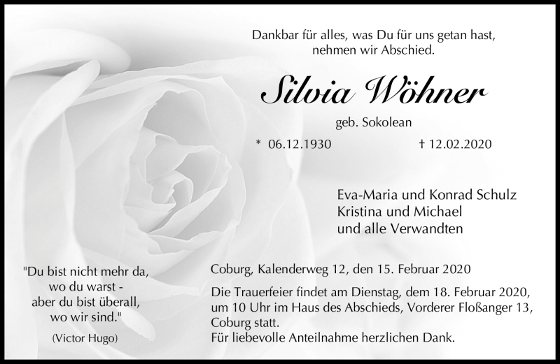  Traueranzeige für Silvia Wöhner vom 15.02.2020 aus Neue Presse Coburg