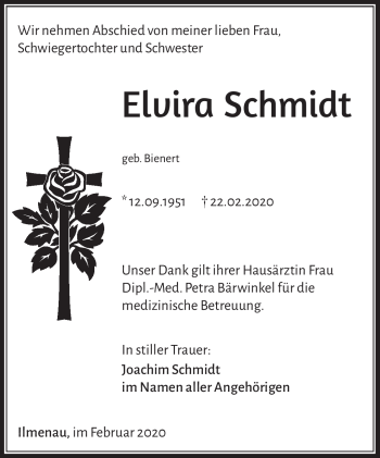 Traueranzeige von Elvira Schmidt von Südthüringer Presse