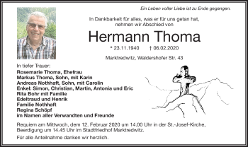 Traueranzeige von Hermann Thoma von Frankenpost