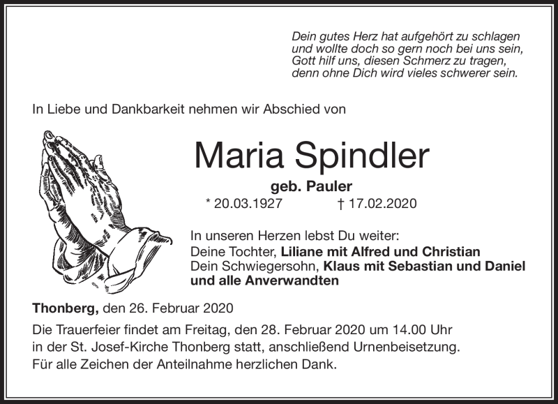  Traueranzeige für Maria Spindler vom 26.02.2020 aus Neue Presse Coburg