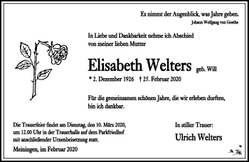 Traueranzeige von Elisabeth Welters von Südthüringer Presse