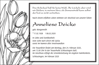 Traueranzeige von Anneliese Deicke von Südthüringer Presse