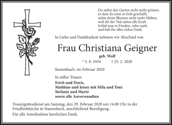 Traueranzeige von Christana Geigner von Frankenpost