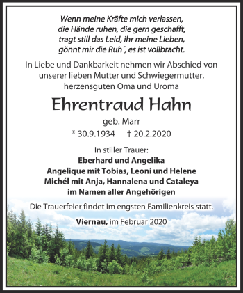 Traueranzeige von Ehrentraud Hahn von Südthüringer Presse