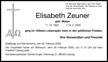 Traueranzeige von Elisabeth Zeuner von Neue Presse Coburg