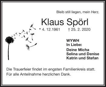 Traueranzeige von Klaus Spörl von Frankenpost
