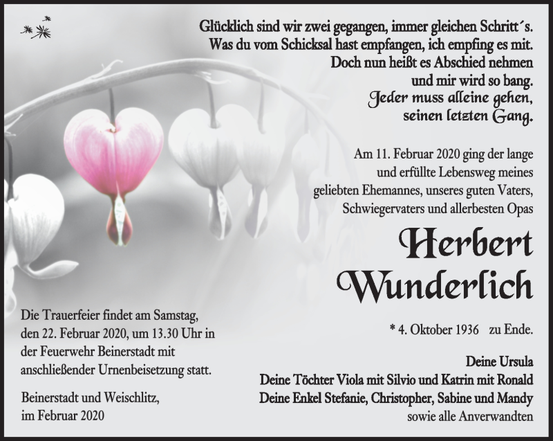  Traueranzeige für Herbert Wunderlich vom 18.02.2020 aus Südthüringer Presse