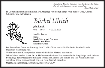 Traueranzeige von Bärbel Ulrich von Südthüringer Presse