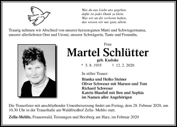 Traueranzeige von Martel Schlütter von Südthüringer Presse