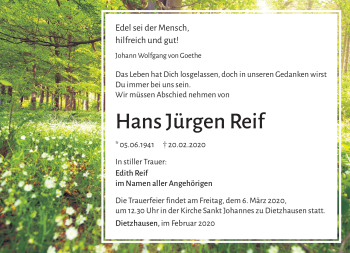 Traueranzeige von Hans Jürgen Reif von Südthüringer Presse