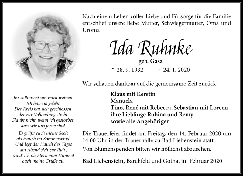  Traueranzeige für Ida Ruhnke vom 11.02.2020 aus Südthüringer Presse