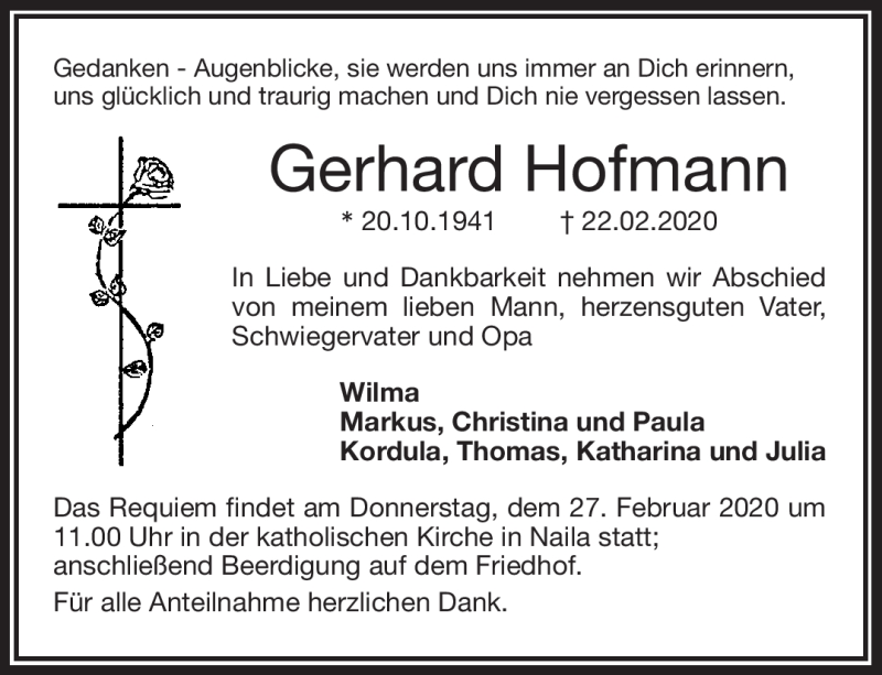  Traueranzeige für Gerhard Hofmann vom 25.02.2020 aus Frankenpost