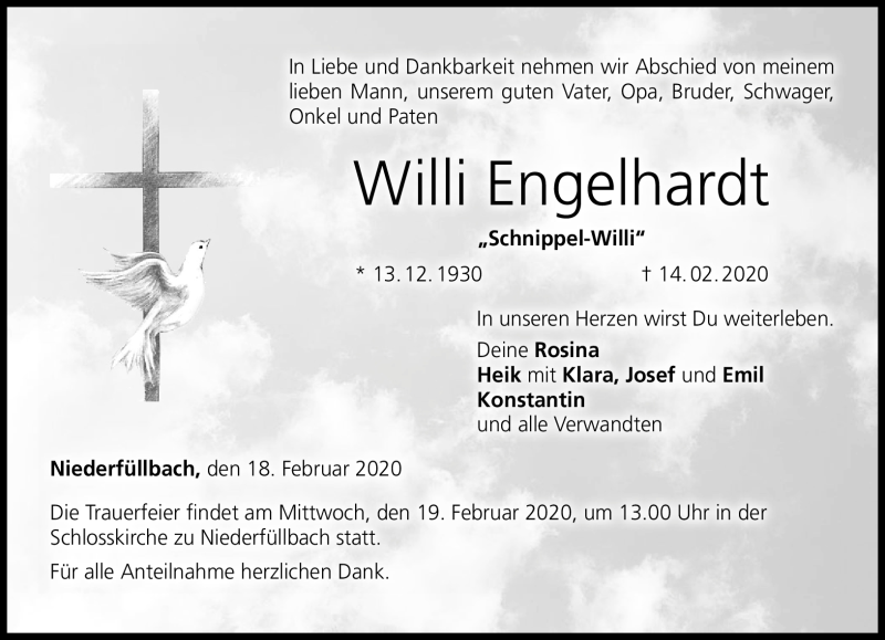  Traueranzeige für Willi Engelhardt vom 18.02.2020 aus Neue Presse Coburg