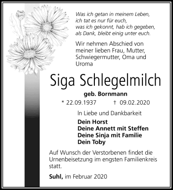 Traueranzeige von Siga Schlegelmilch von Südthüringer Presse