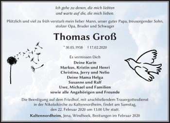 Traueranzeige von Thomas Groß von Südthüringer Presse