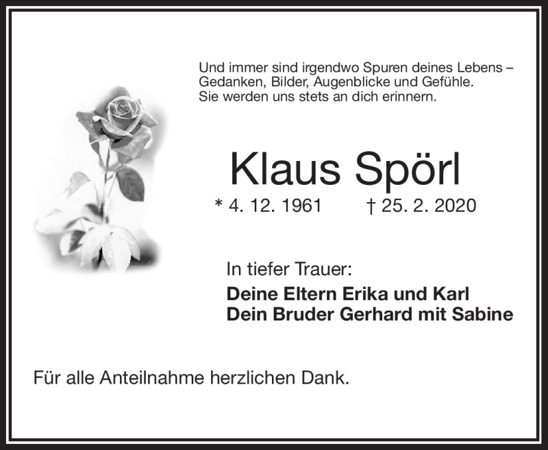  Traueranzeige für Klaus Spörl vom 29.02.2020 aus Frankenpost