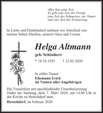 Traueranzeige von Helga Altmann von Südthüringer Presse