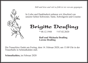 Traueranzeige von Brigitte Deußing von Südthüringer Presse