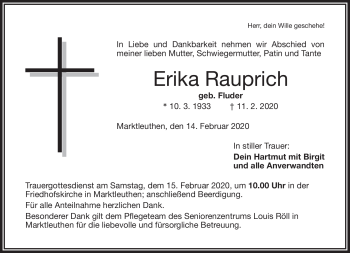 Traueranzeige von Erika Rauprich von Frankenpost