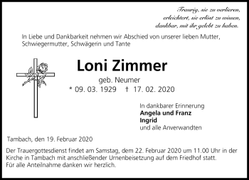 Traueranzeige von Loni Zimmer von Neue Presse Coburg