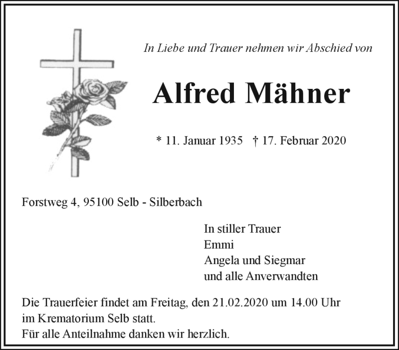  Traueranzeige für Alfred Mähner vom 19.02.2020 aus Frankenpost