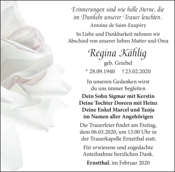 Traueranzeige von Regina Kählig von Südthüringer Presse