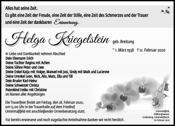 Traueranzeige von Helga Kriegelstein von Südthüringer Presse