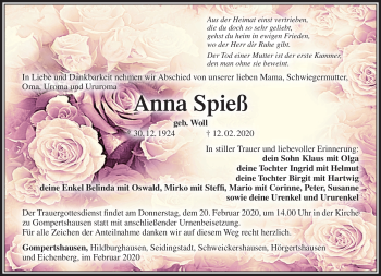 Traueranzeige von Anna Spieß von Südthüringer Presse