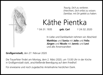 Traueranzeige von Käthe Pientka von Neue Presse Coburg
