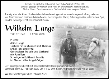 Traueranzeige von Wilhelm Lange von Südthüringer Presse