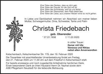 Traueranzeige von Christa Friedebach von Neue Presse Coburg