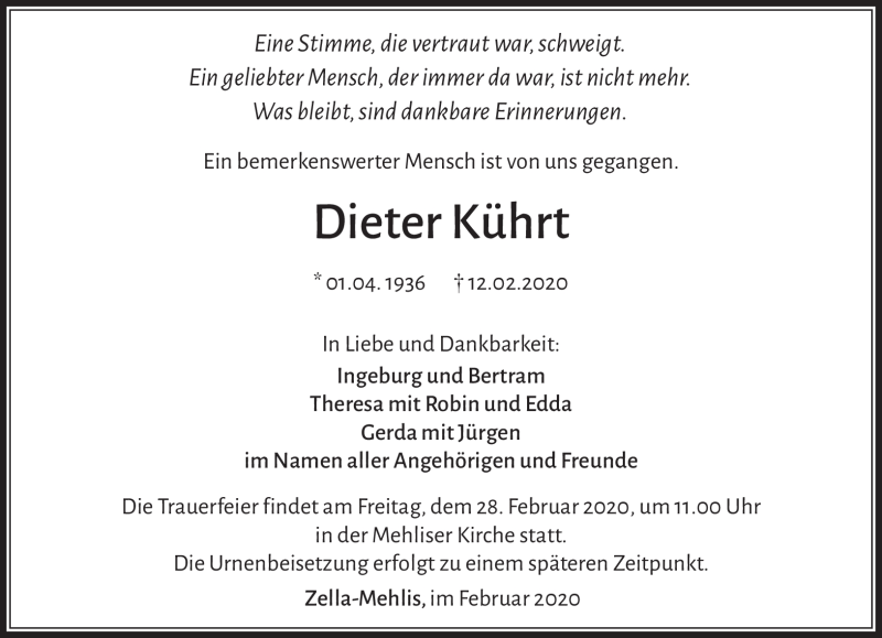  Traueranzeige für Dieter Kührt vom 22.02.2020 aus Südthüringer Presse