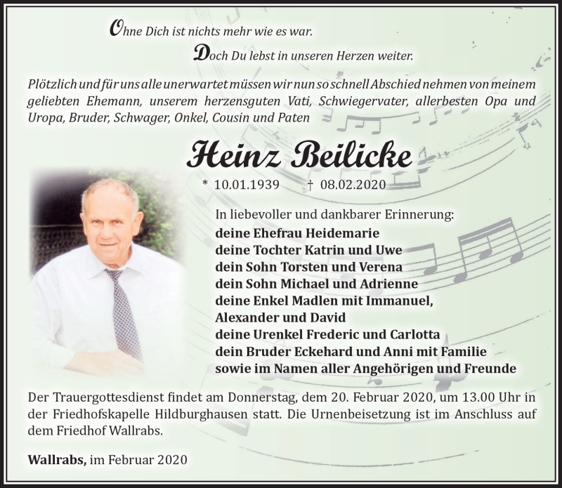  Traueranzeige für Heinz Beilicke vom 14.02.2020 aus Südthüringer Presse