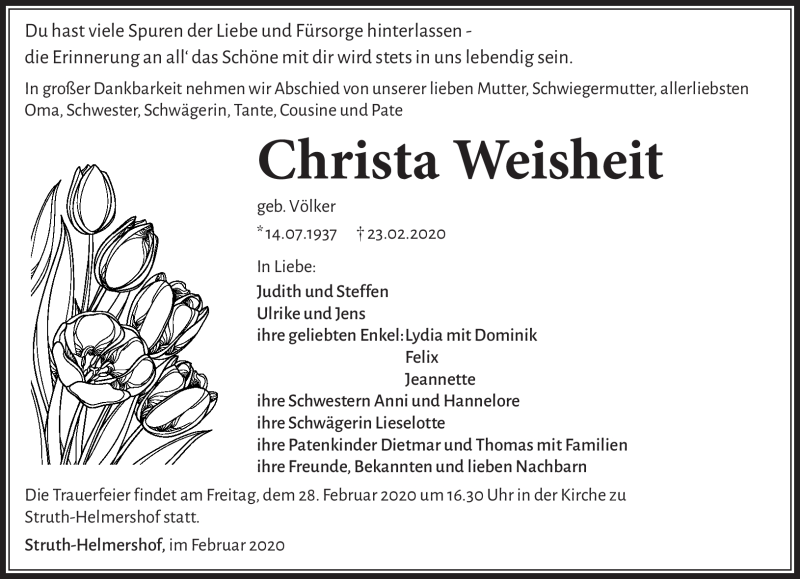  Traueranzeige für Christa Weisheit vom 26.02.2020 aus Südthüringer Presse
