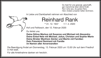 Traueranzeige von Reinhard Rank von Frankenpost