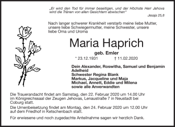 Traueranzeige von Maria Haprich von Neue Presse Coburg